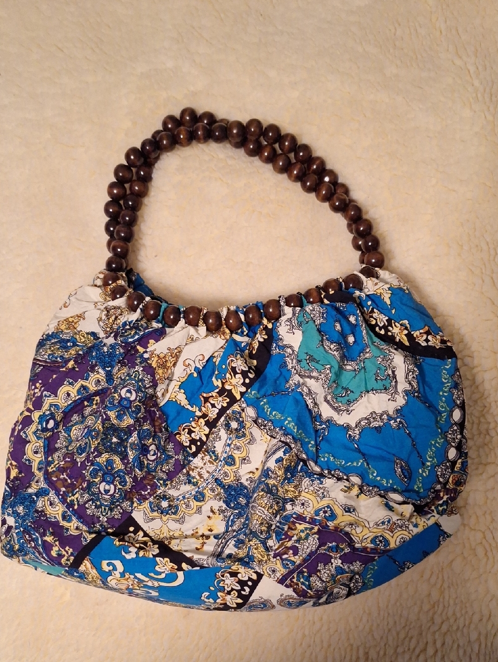 HAND CRAFTED Bohemian Patch work Beaded Handle HAND Bag - Blue & Purple - Picture 4 of 14
